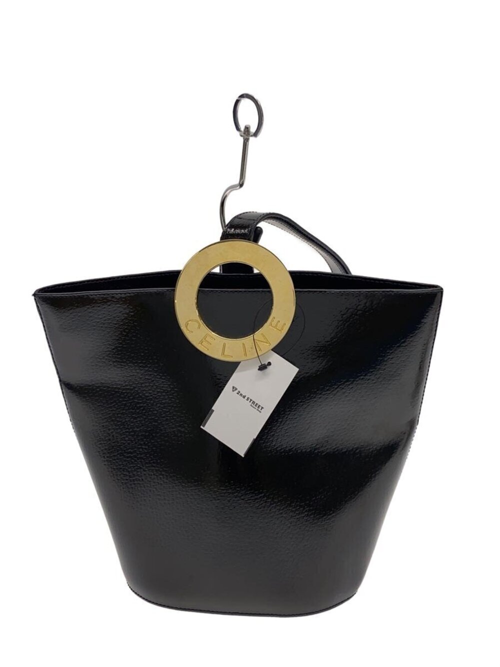Celine leather bucket bag prominent goldtone ring logo Black